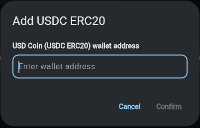 The Add USDC ERC20 dialog with the wallet address field
