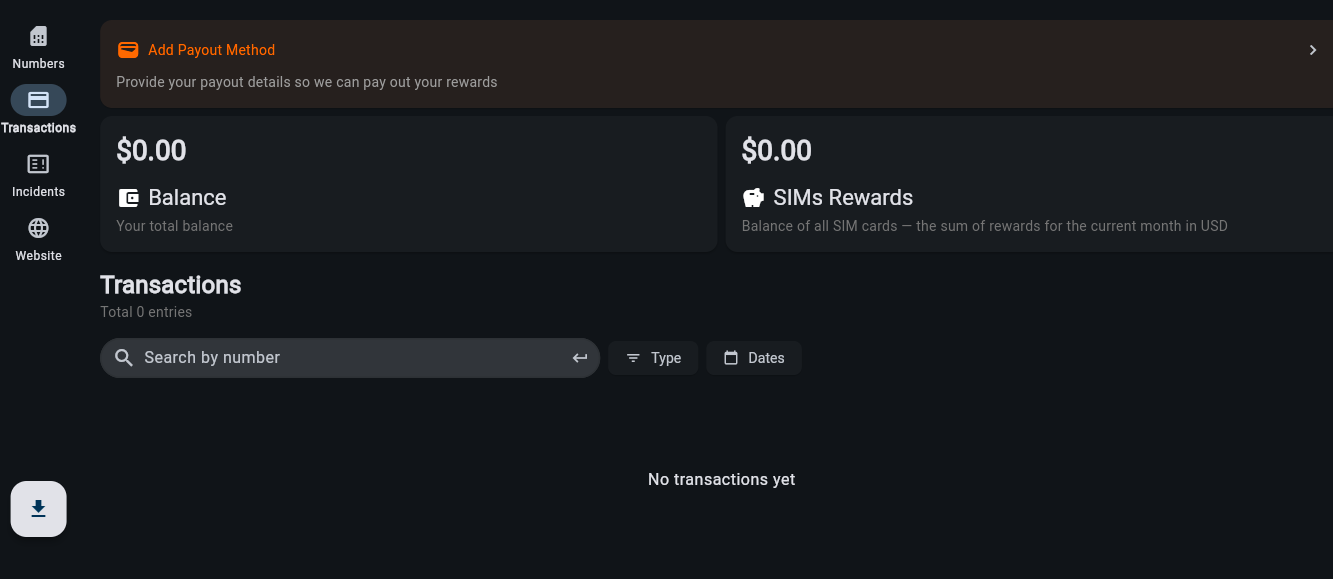 The Transactions section of the Personal Account: the Add Payout Method banner, the Balance and SIMs Rewards cards and the list of transactions