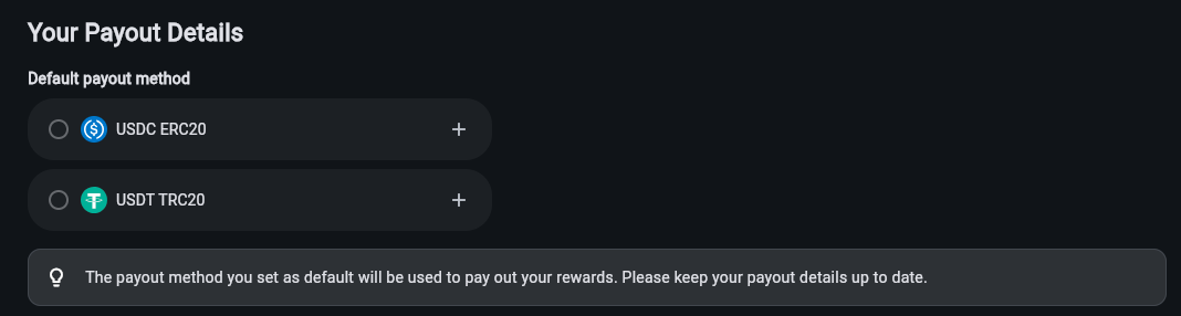 Your Payout Details: the USDC ERC20 and USDT TRC20 rows with the default selector